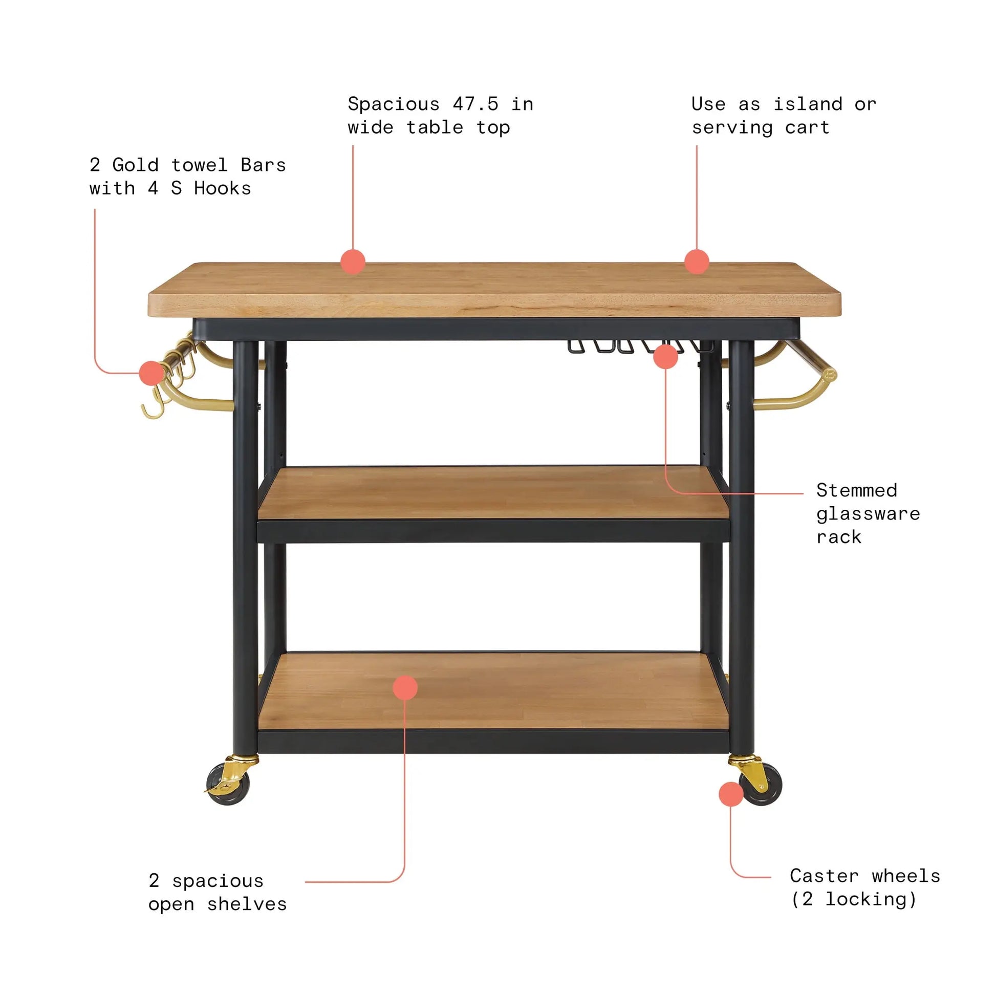 Drew Barrymore Rolling Kitchen Island Cart with 2 Shelves, Rubberwood Top, Black Metal Frame