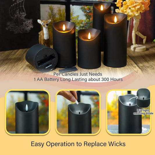 Flameless Candles with Remote, Battery Operated Flickering Flameless Candles, LED Candles with Timer 2/4/6/8H, with Realistic LED Candles Set of 9 (D3 X H 3" 4" 5" 6" 7") (Black)