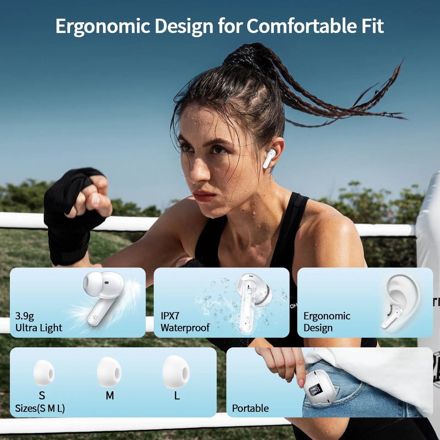 Wireless Bluetooth Earbuds W70 | Noise Cancelling In-Ear Headphones w/ Deep Bass, 38H Playtime, LED Display & IPX7 Waterproof – For iPhone & Android (White)