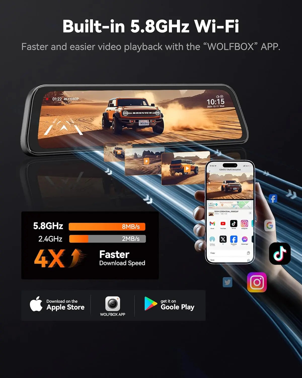 G840S 12" 4K Mirror Dash Cam – Dual Front and Rear Backup Camera with Night Vision, GPS, 5.8GHz WiFi, Parking Assist, Smart Rearview Mirror for Cars & Trucks, 32GB Card Included