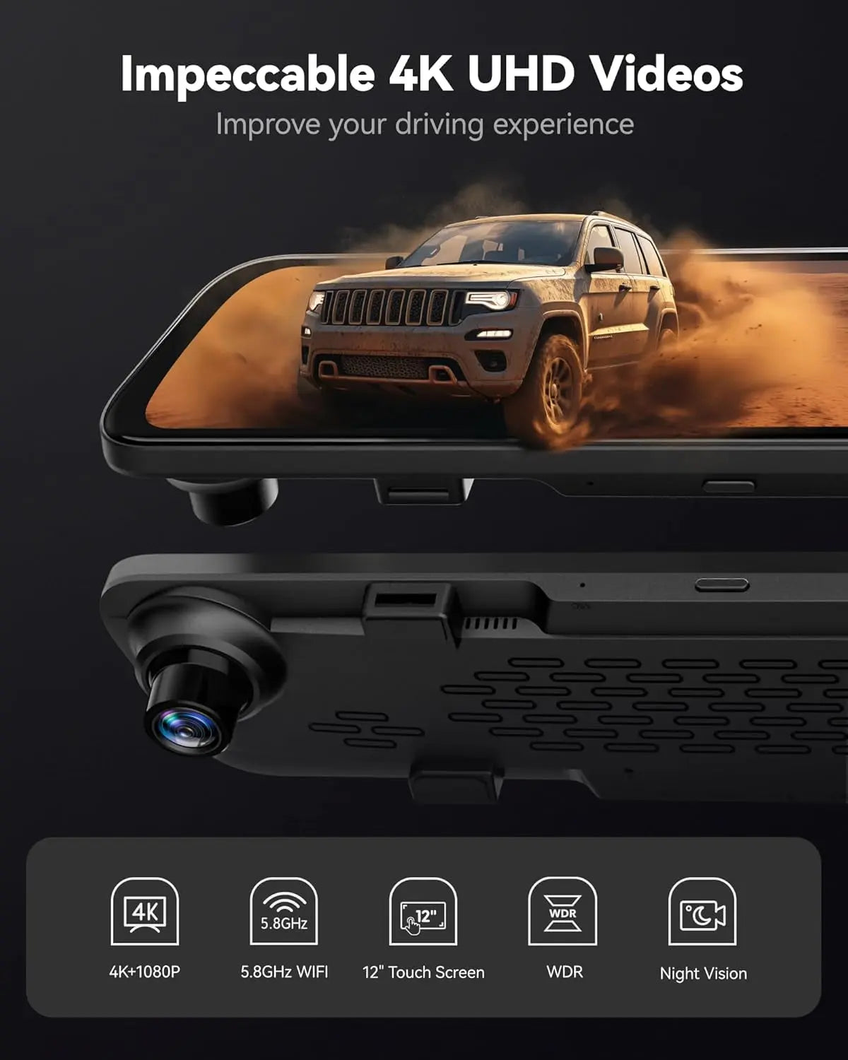 G840S 12" 4K Mirror Dash Cam – Dual Front and Rear Backup Camera with Night Vision, GPS, 5.8GHz WiFi, Parking Assist, Smart Rearview Mirror for Cars & Trucks, 32GB Card Included