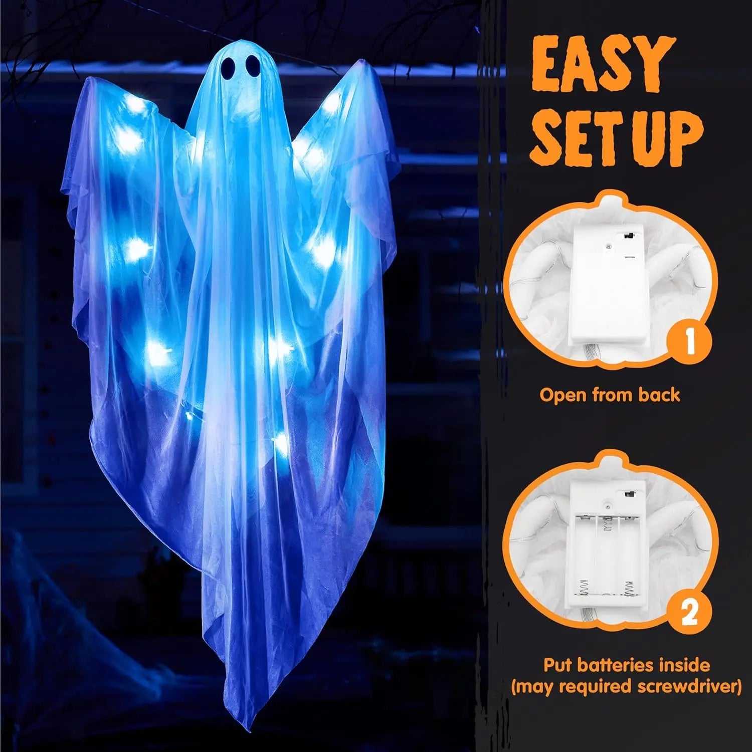 Halloween Hanging Light up Ghost with Spooky Blue LED Light, 47” White Ghosts Halloween Hanging Decoration for Front Yard Patio Lawn Garden Party Decor Indoor Outdoor