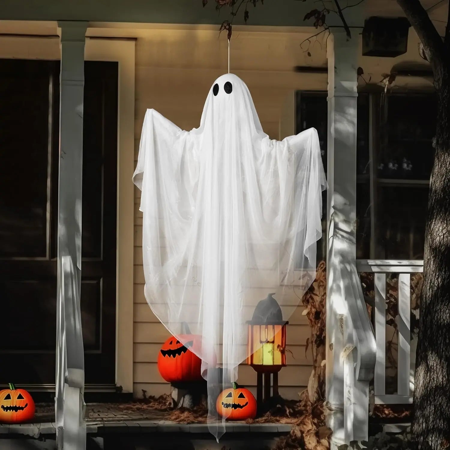 Halloween Hanging Light up Ghost with Spooky Blue LED Light, 47” White Ghosts Halloween Hanging Decoration for Front Yard Patio Lawn Garden Party Decor Indoor Outdoor