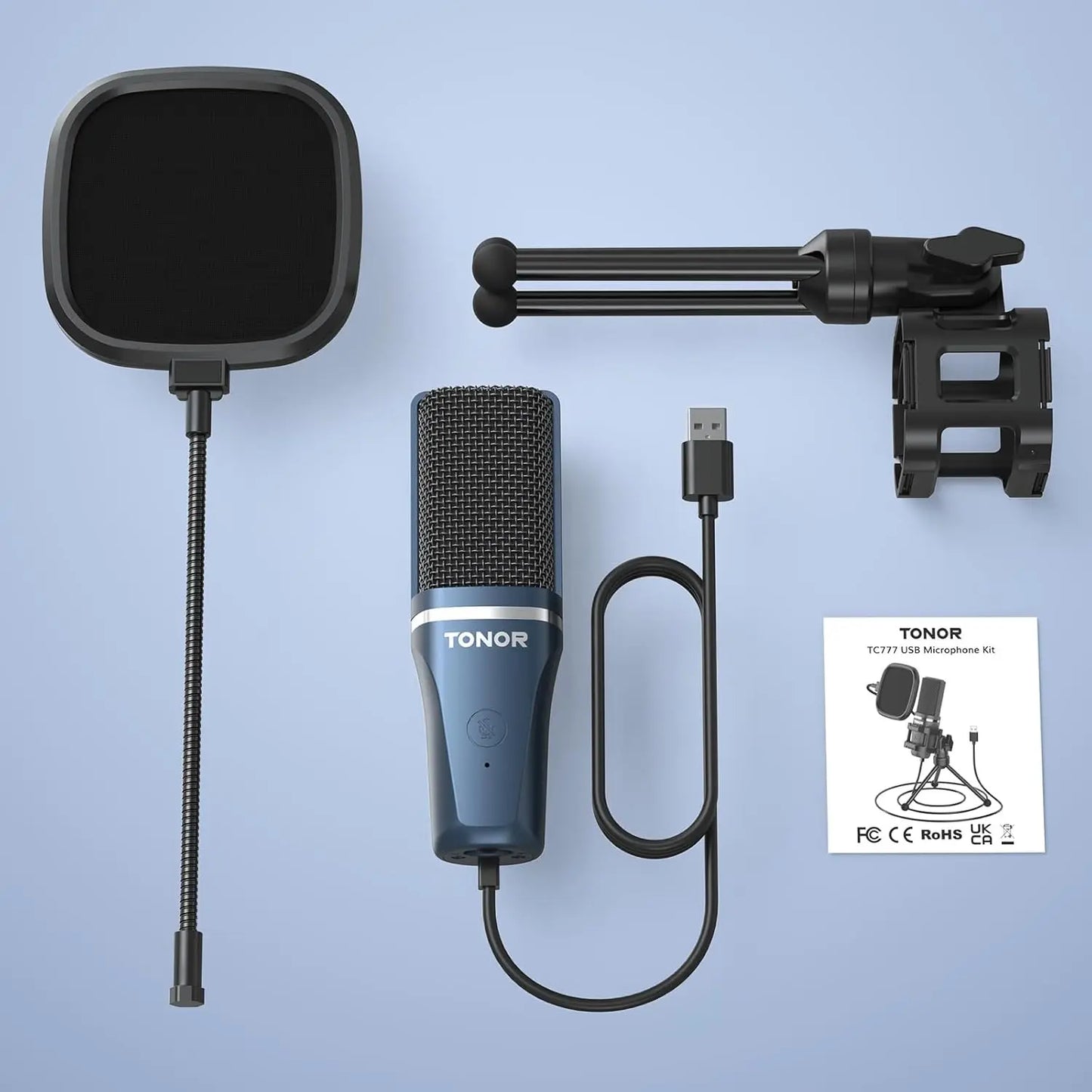 TC-777 USB Podcast Microphone | Cardioid Condenser Mic with Tripod Stand, Pop Filter & Shock Mount – Compatible with PC, Laptop, PS4/5