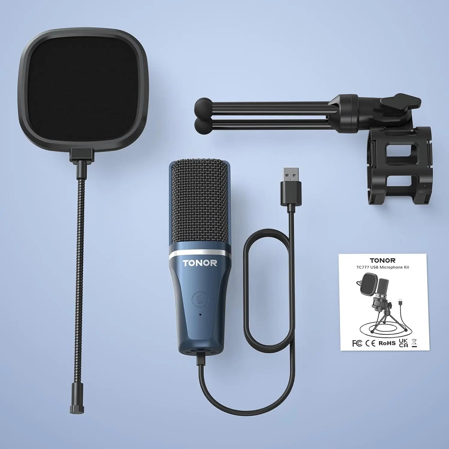TC-777 USB Podcast Microphone | Cardioid Condenser Mic with Tripod Stand, Pop Filter & Shock Mount – Compatible with PC, Laptop, PS4/5