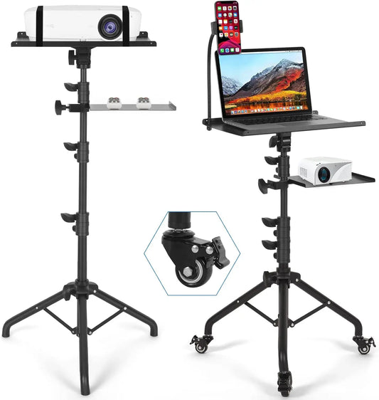 Laptop Tripod Stand on Wheels with 2 Shelves – Adjustable Height 25.9" to 51.8", Portable Projector Floor Stand with Phone Holder for Home, Office, Presentations & Events