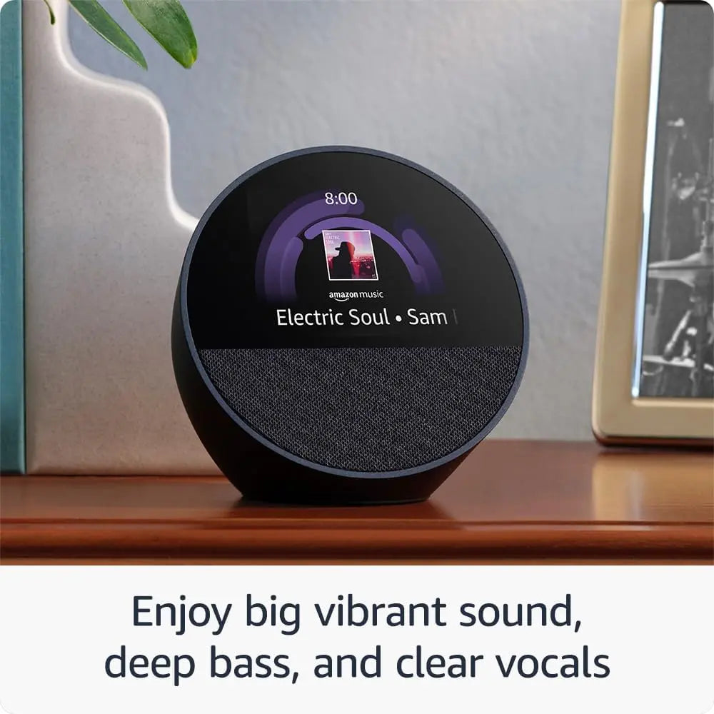 Echo Spot (Newest Model) – Smart Alarm Clock with Alexa, Compact Smart Display for Nightstands, Offices & Kitchens, Black