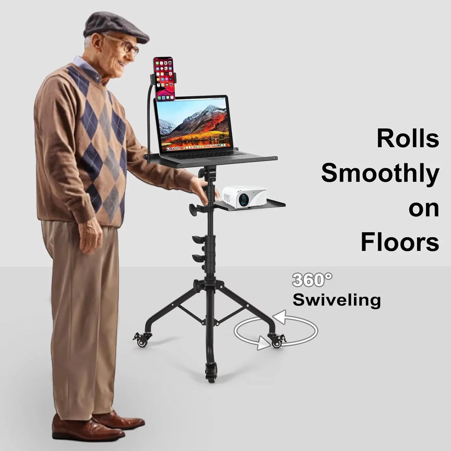Laptop Tripod Stand on Wheels with 2 Shelves – Adjustable Height 25.9" to 51.8", Portable Projector Floor Stand with Phone Holder for Home, Office, Presentations & Events