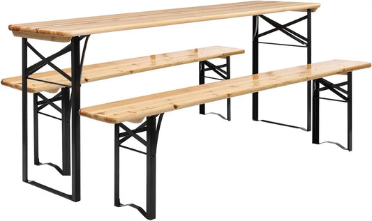 Folding Picnic Table and Bench Set – 3-Piece Portable Wooden Beer Garden Table, Weather-Resistant Outdoor Dining Set for Camping, BBQ & Events
