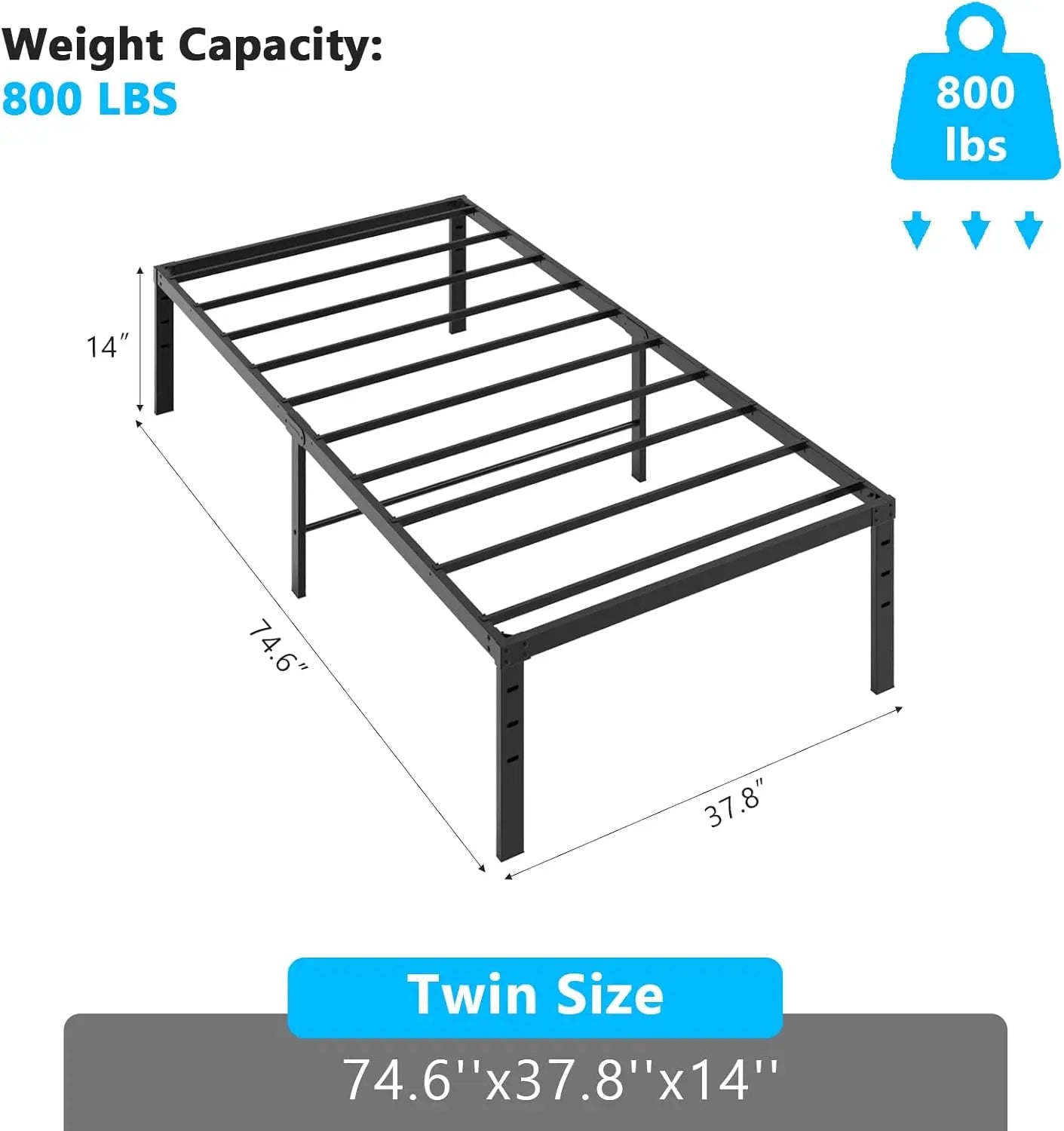 14 Inch Twin Metal Platform Bed Frame – Heavy Duty Steel Slat Support, Mattress Foundation Base, No Box Spring Needed, Easy Assembly, Black