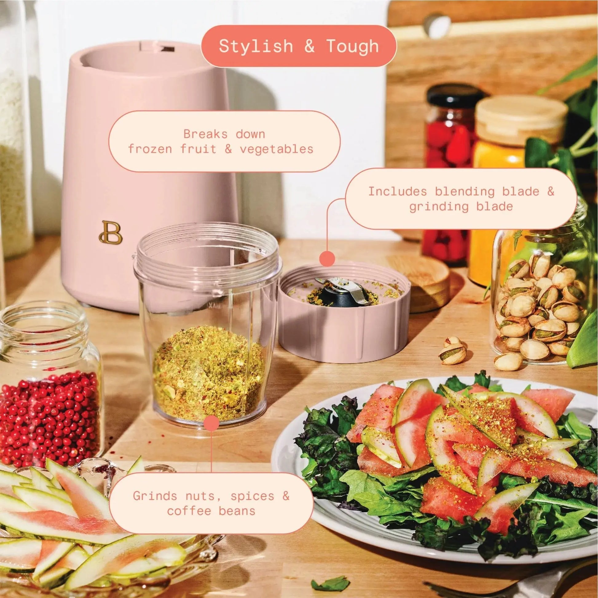 Drew Barrymore Beautiful 12-Piece Personal Blender Set 240W Rose Pink | Portable Smoothie Maker, Coffee Grinder, Travel Cup | Compact Countertop Kitchen Appliance