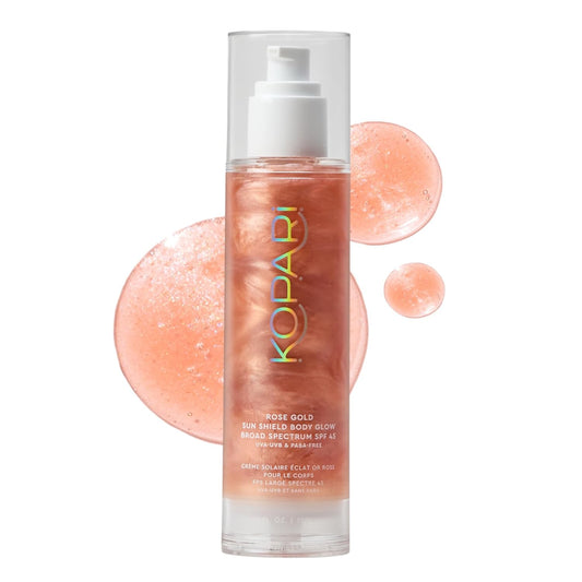 Sun Shield SPF 45 Body Glow – Lightweight Shimmer Gel, Non-Sticky, Rose Gold 5 Oz