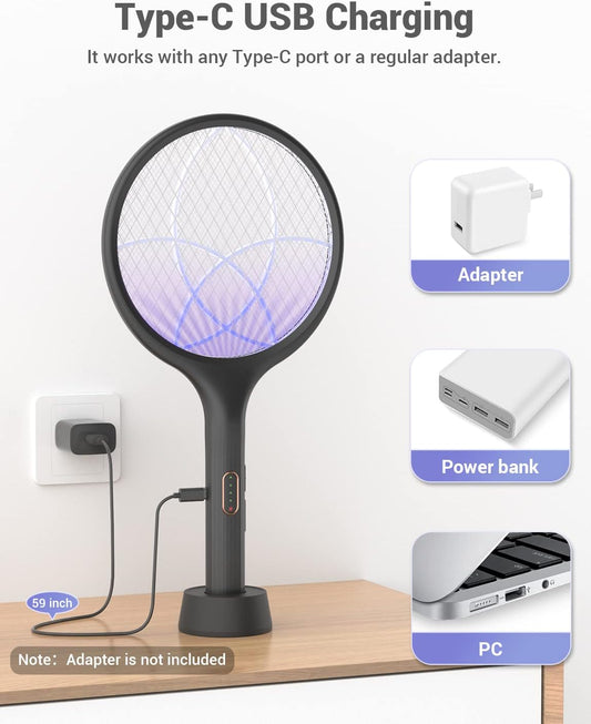 Electric Fly Swatter 4000V Bug Zapper Racket – Dual Mode Mosquito Killer with Purple Light, Rechargeable Insect Trap for Indoor, Outdoor, Patio, Camping & Backyard