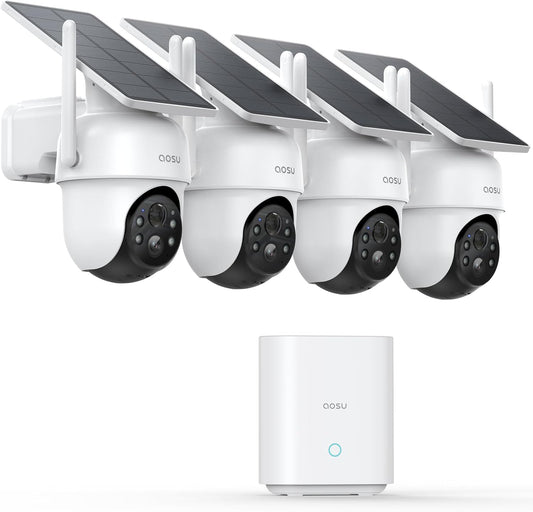 4-Pack Solar Wireless Outdoor Security Camera System | No Subscription, 2K Color Night Vision, 360° Pan & Tilt with Auto Tracking, Dual 5G/2.4G WiFi