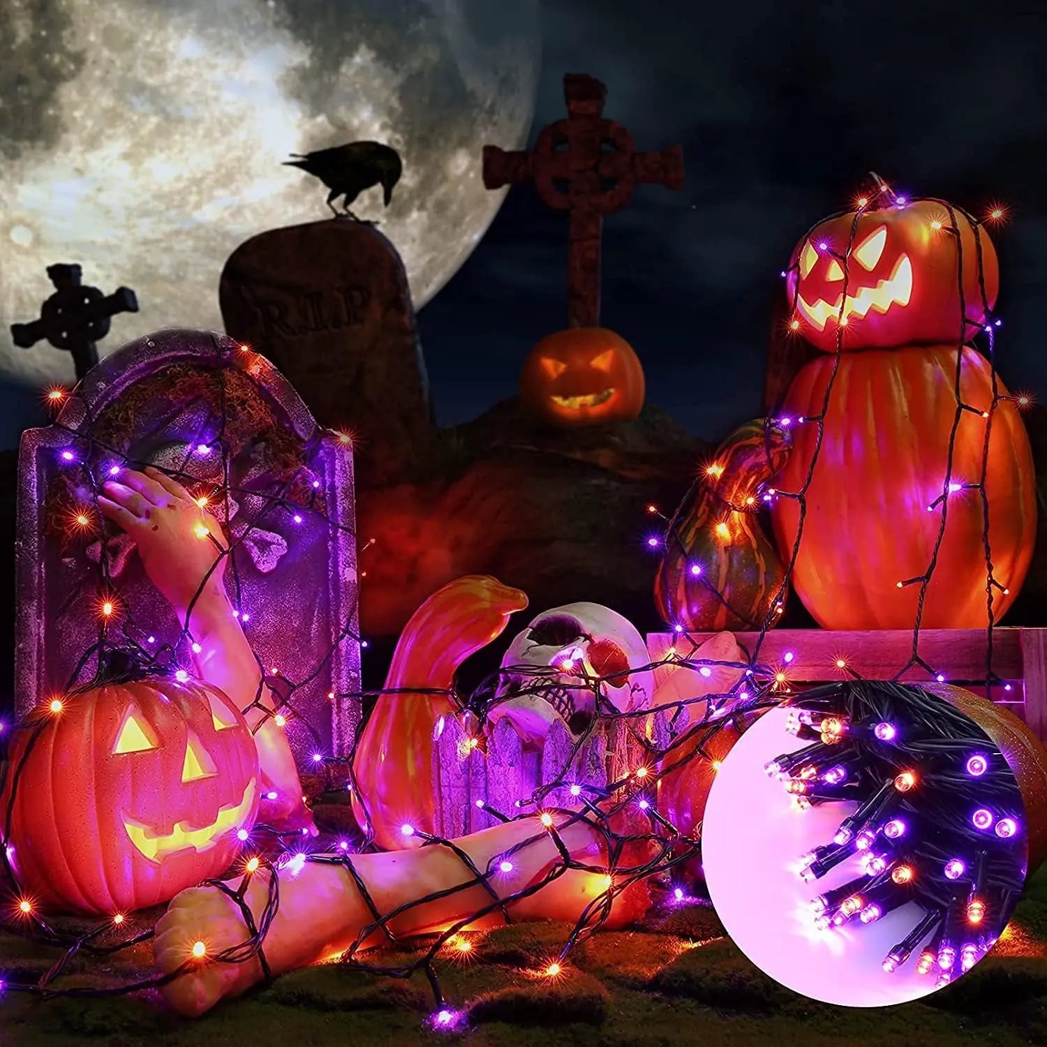 Orange Purple Halloween Lights, 100FT 300 LED String Lights with 8 Modes Timer Waterproof Plug in Indoor Outdoor String Light Connectable for Halloween Decorations