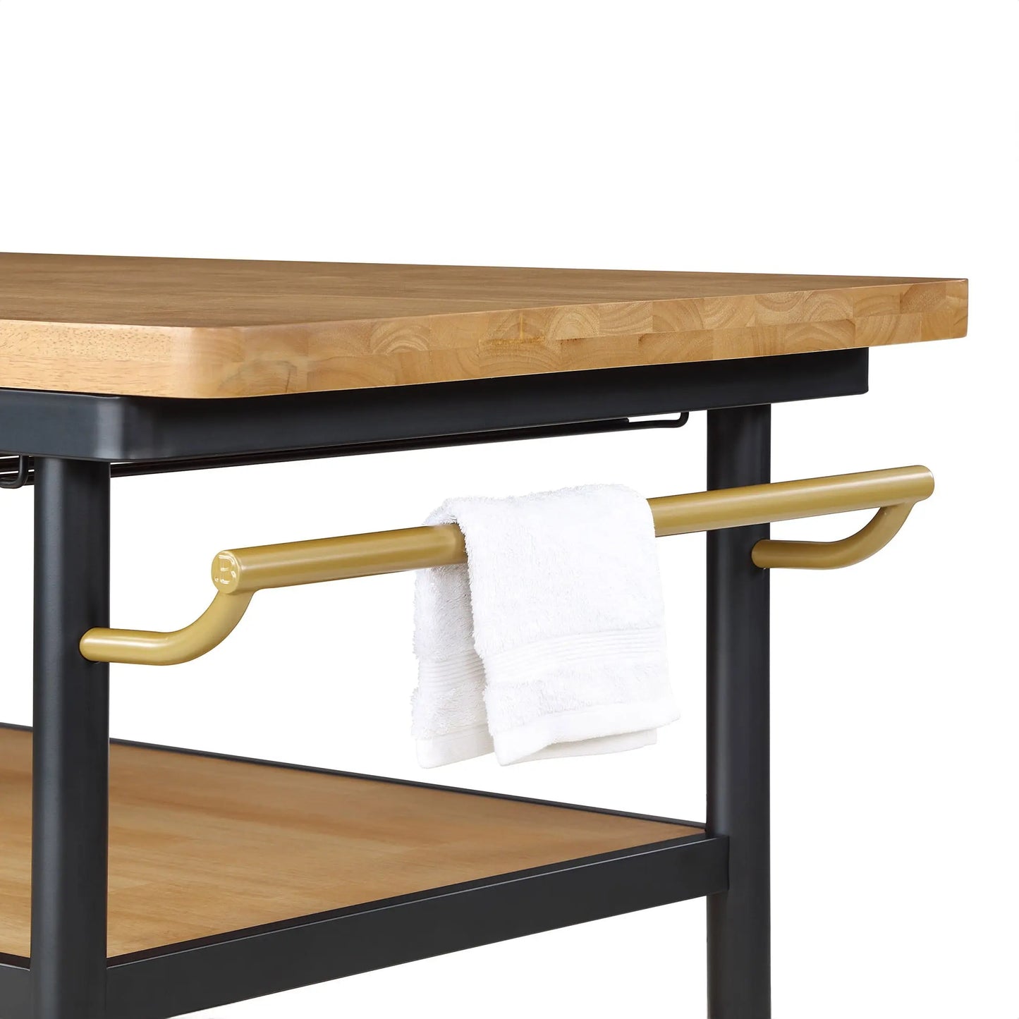 Drew Barrymore Rolling Kitchen Island Cart with 2 Shelves, Rubberwood Top, Black Metal Frame