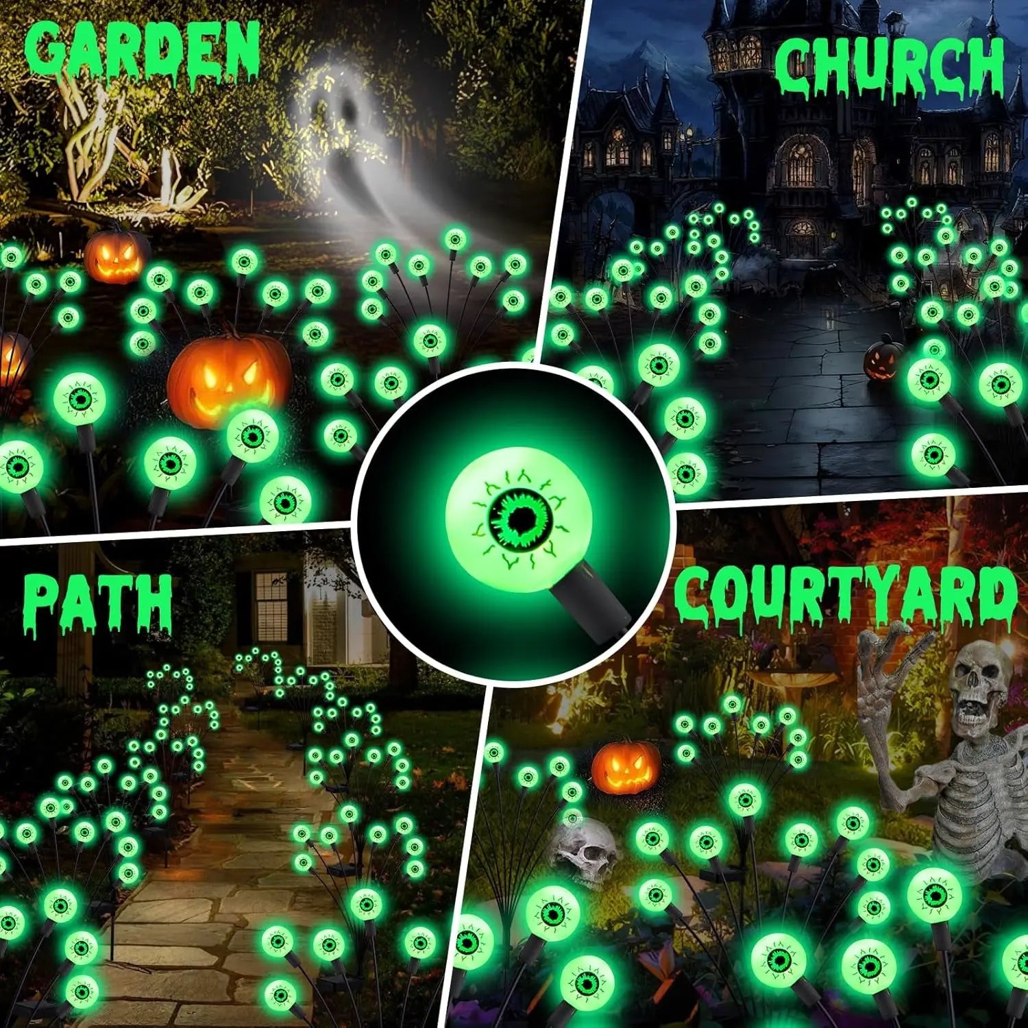 Halloween Decorations Outdoor Solar Scary Eyeball Lights, 4Pack 32Leds Green Eyeball Swaying Firefly Light, Waterproof Halloween Path Lights for Garden/Yard/Patio/Party Decor