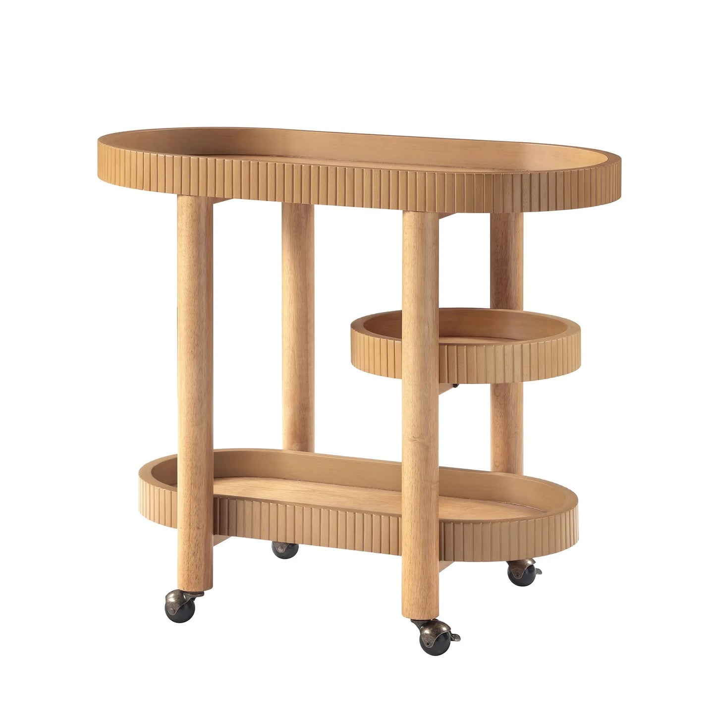 Drew Barrymore Bar Cart with 3 Shelves, Warm Honey Finish, Solid Wood, Rolling Caster Wheels