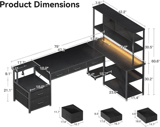 79" Reversible L Shaped Gaming Desk with LED Lights, 5 Drawers & 2 Power Outlets – Large Computer Desk with Storage Shelves for Home Office, Workstation, Black
