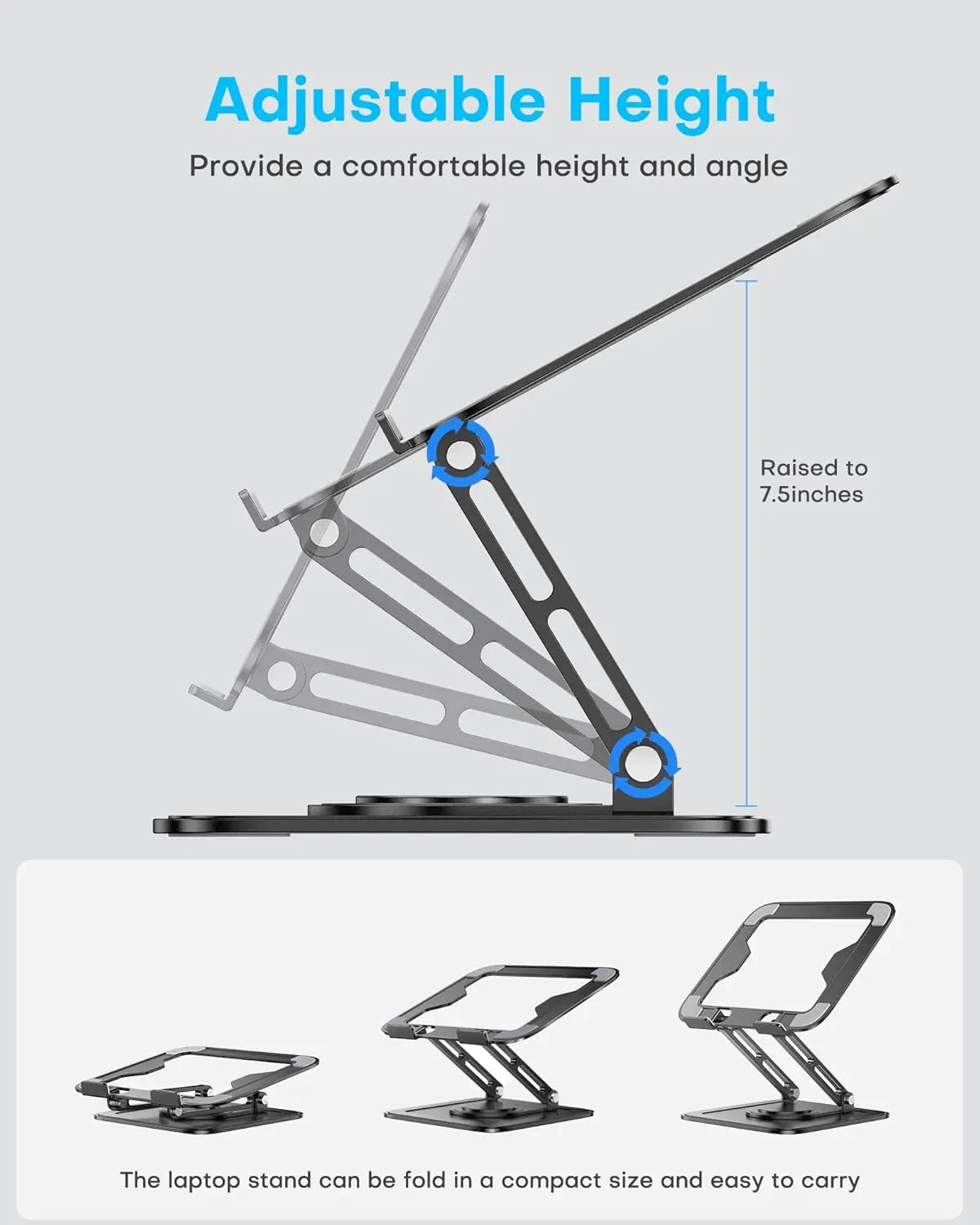 Adjustable Laptop Stand with 360° Rotating Base – Ergonomic Foldable Laptop Riser for Desk, Portable Computer Stand for MacBook Pro/Air 10–16" – Black
