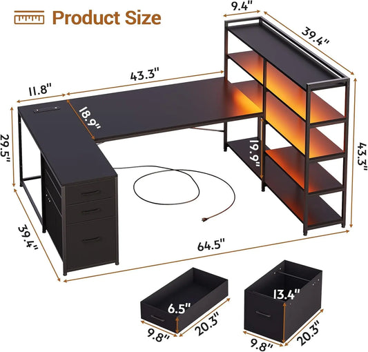 L Shaped Gaming Desk with LED Lights – Reversible U Shaped Computer Desk with Power Outlet, Storage Shelves & 3 Fabric Drawers, Corner Workstation Table, Black