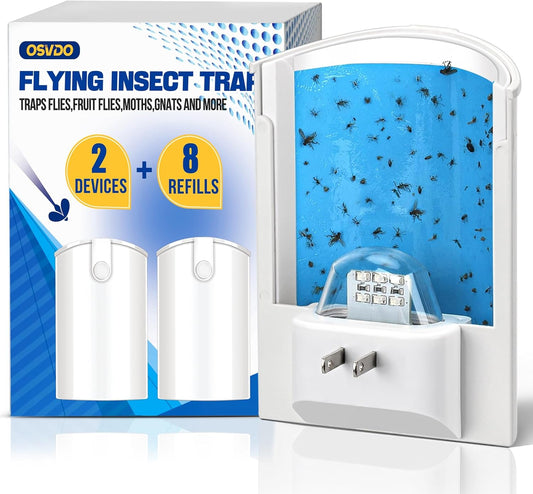 2 Flying Insect Traps with 8 Cartridges – Plug-In Fruit Fly Trap for Indoor Use, Mess-Free Gnat & House Fly Catcher with Blue & UV Light