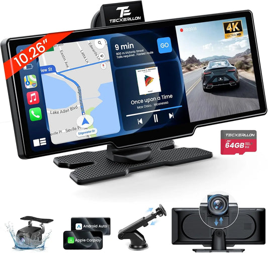 10.26" Wireless CarPlay Screen with 4K Dash Cam & 1080P Backup Camera – Portable Touchscreen Car Stereo with Android Auto, GPS Navigation, AirPlay, Mirror Link, Bluetooth Receiver