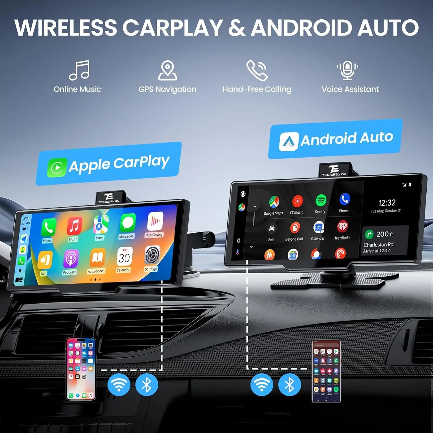 10.26" Wireless CarPlay Screen with 4K Dash Cam & 1080P Backup Camera – Portable Touchscreen Car Stereo with Android Auto, GPS Navigation, AirPlay, Mirror Link, Bluetooth Receiver