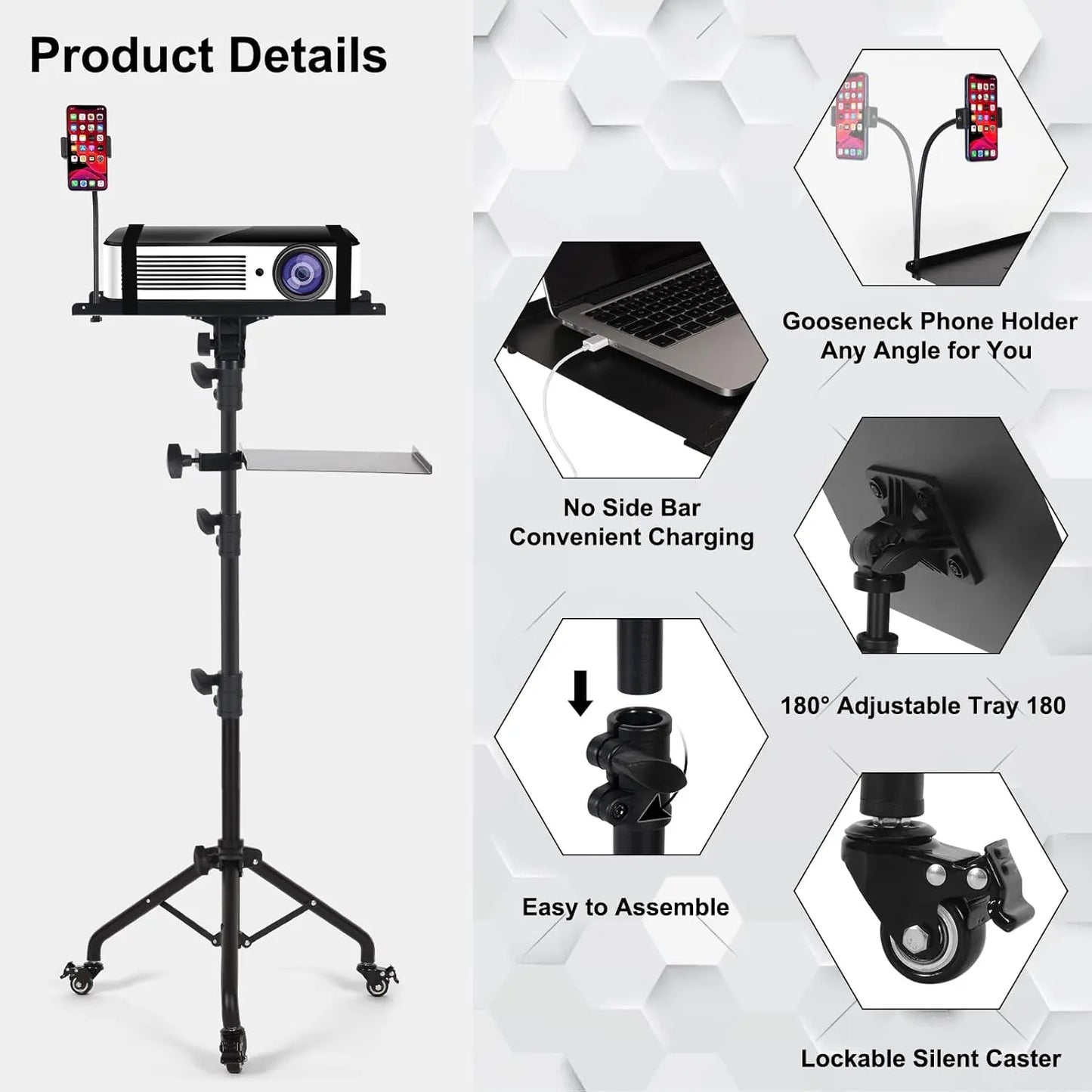 Laptop Tripod Stand on Wheels with 2 Shelves – Adjustable Height 25.9" to 51.8", Portable Projector Floor Stand with Phone Holder for Home, Office, Presentations & Events