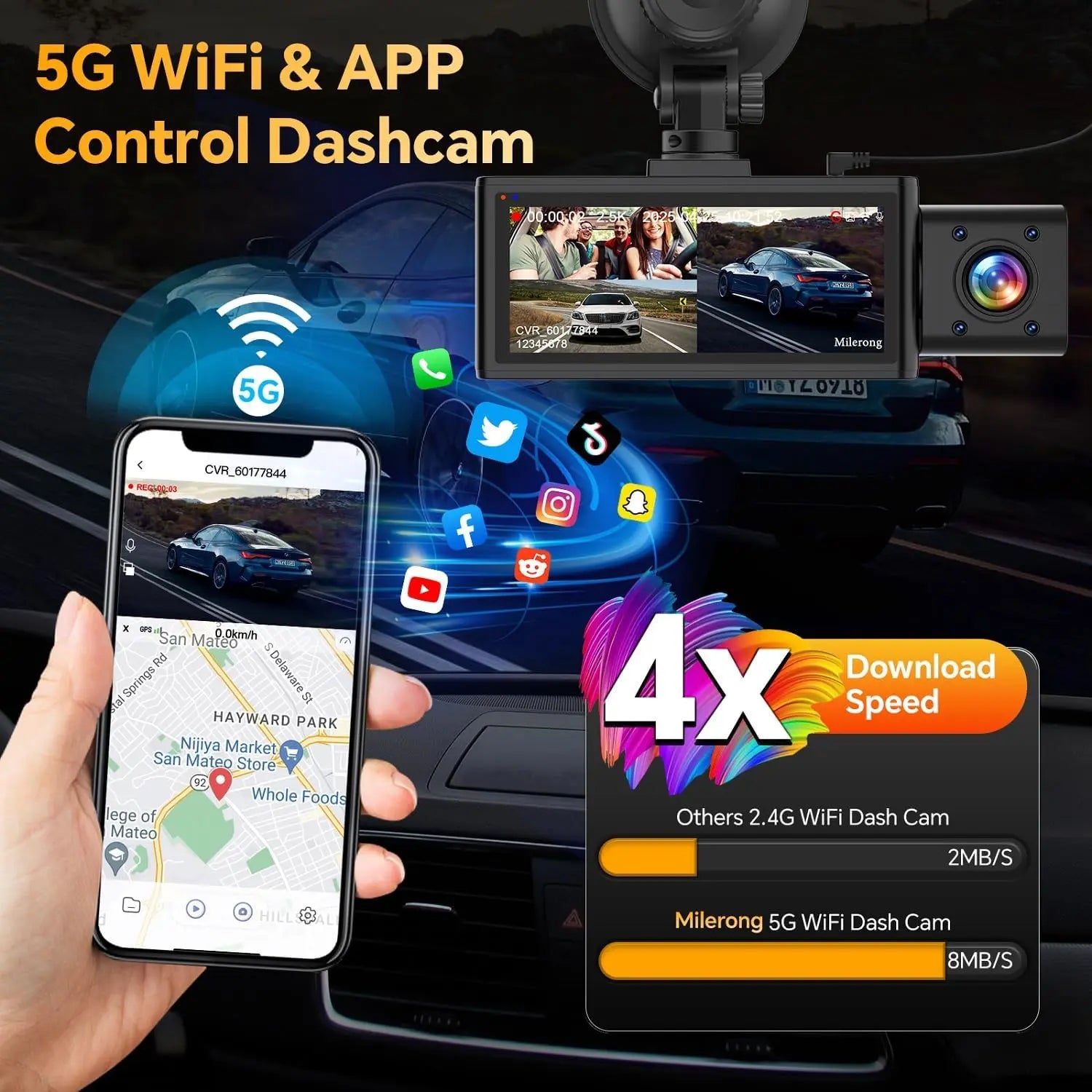 3-Channel Dash Cam for Cars – Front 2.5K, Inside & Rear 1080P Dash Camera with WiFi, IR Night Vision, G-Sensor, 64GB Card Included