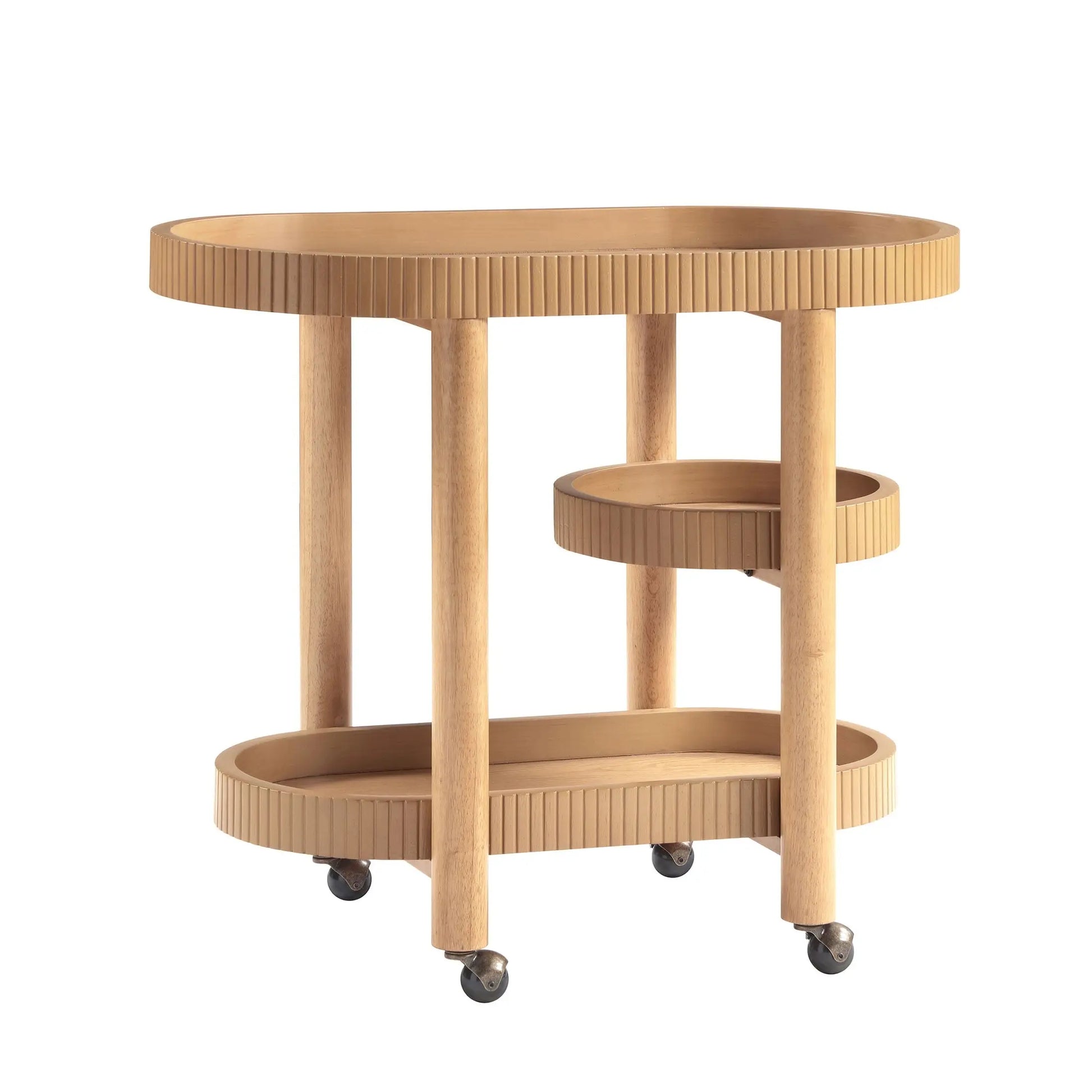 Drew Barrymore Bar Cart with 3 Shelves, Warm Honey Finish, Solid Wood, Rolling Caster Wheels