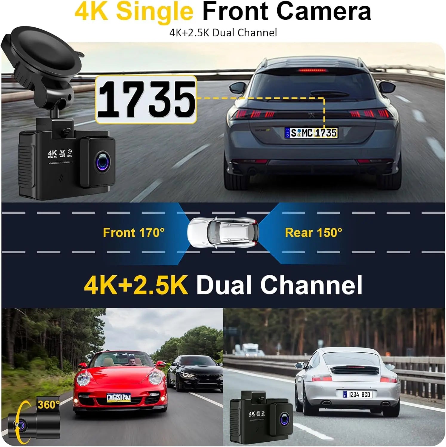4K + 2.5K Dual Dash Cam Front and Rear – 5GHz WiFi GPS Car Camera with 64GB Card, 2.0" IPS Screen, App Control, G-Sensor, Loop Recording, Night Vision, Parking Mode, 170° Wide Angle