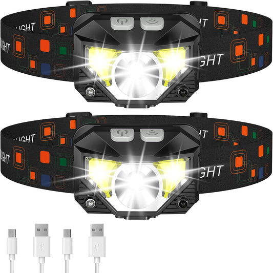 LED Rechargeable Headlamp Flashlight – 2-Pack Waterproof Headlight with Motion Sensor, 8 Modes for Camping, Hiking & Running