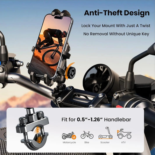 Motorcycle Phone Mount with Vibration Dampener – 720° Adjustable Anti-Shake Holder for iPhone 16 Pro Max, Samsung & 5.4–7.2" Phones, Anti-Theft U-Shape Base for 0.5"-1.26" Handlebars