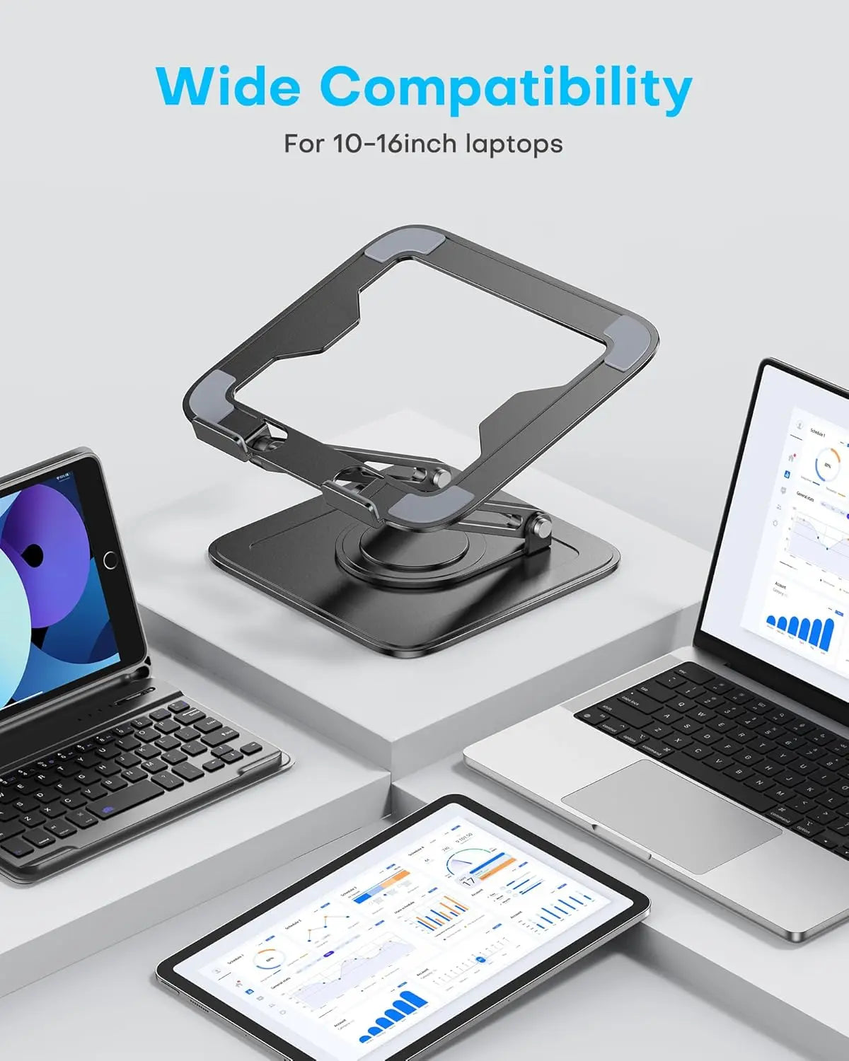 Adjustable Laptop Stand with 360° Rotating Base – Ergonomic Foldable Laptop Riser for Desk, Portable Computer Stand for MacBook Pro/Air 10–16" – Black