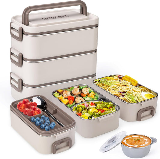 3-Layer Bento Lunch Box for Adults – 304 Stainless Steel Stackable Lunch Container with 3L Large Capacity, Portable Meal Prep Box with Soup Bowl, Spoon & Fork – Ideal for Work, School, Office, Kids