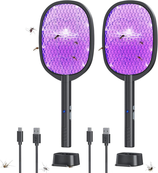 2 Pack Electric Fly Swatter & Mosquito Zapper – 4000V Rechargeable Bug Racket with USB Charging Base, 3-Layer Safety Net for Indoor & Outdoor Use