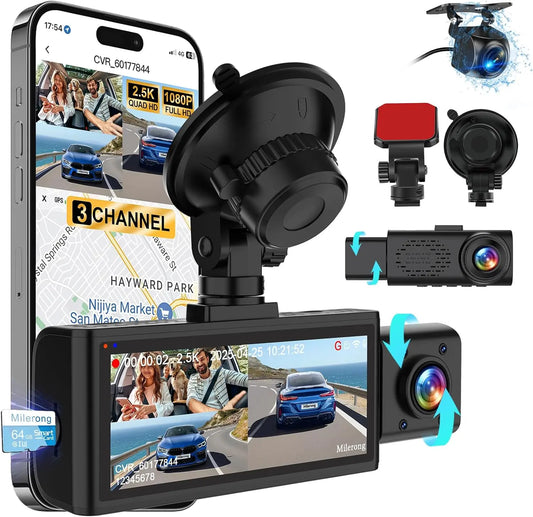 3-Channel Dash Cam for Cars – Front 2.5K, Inside & Rear 1080P Dash Camera with WiFi, IR Night Vision, G-Sensor, 64GB Card Included