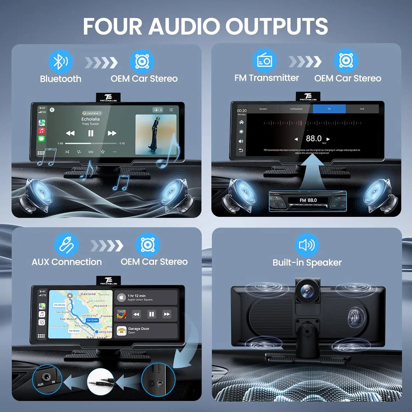 10.26" Wireless CarPlay Screen with 4K Dash Cam & 1080P Backup Camera – Portable Touchscreen Car Stereo with Android Auto, GPS Navigation, AirPlay, Mirror Link, Bluetooth Receiver