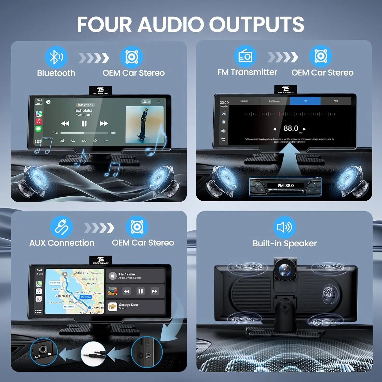 10.26" Wireless CarPlay Screen with 4K Dash Cam & 1080P Backup Camera – Portable Touchscreen Car Stereo with Android Auto, GPS Navigation, AirPlay, Mirror Link, Bluetooth Receiver
