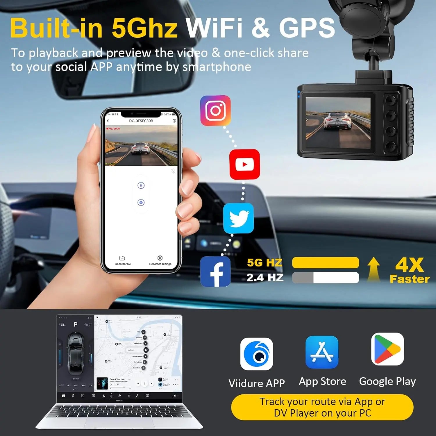 4K + 2.5K Dual Dash Cam Front and Rear – 5GHz WiFi GPS Car Camera with 64GB Card, 2.0" IPS Screen, App Control, G-Sensor, Loop Recording, Night Vision, Parking Mode, 170° Wide Angle