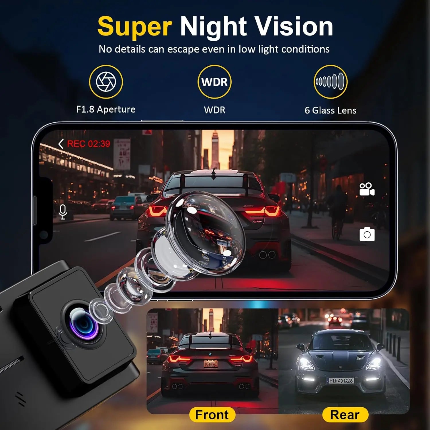 4K + 2.5K Dual Dash Cam Front and Rear – 5GHz WiFi GPS Car Camera with 64GB Card, 2.0" IPS Screen, App Control, G-Sensor, Loop Recording, Night Vision, Parking Mode, 170° Wide Angle