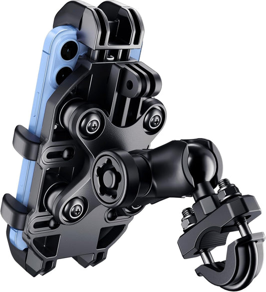 Motorcycle Phone Mount with Vibration Dampener – 720° Adjustable Anti-Shake Holder for iPhone 16 Pro Max, Samsung & 5.4–7.2" Phones, Anti-Theft U-Shape Base for 0.5"-1.26" Handlebars