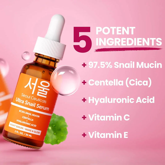 Snail Mucin Serum 97.5% – K-Beauty Night Serum with Hyaluronic Acid & Centella, 1 Oz