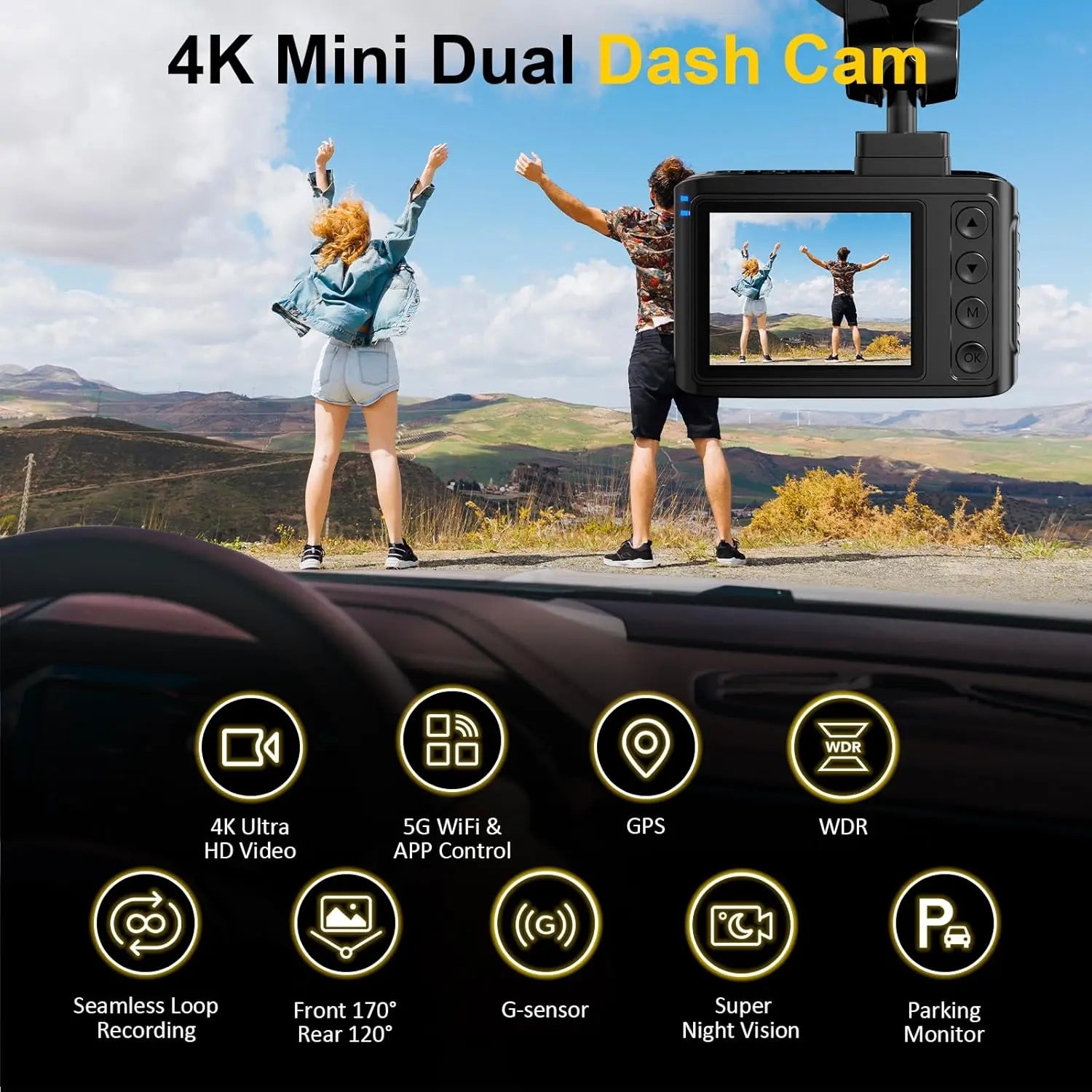 4K + 2.5K Dual Dash Cam Front and Rear – 5GHz WiFi GPS Car Camera with 64GB Card, 2.0" IPS Screen, App Control, G-Sensor, Loop Recording, Night Vision, Parking Mode, 170° Wide Angle