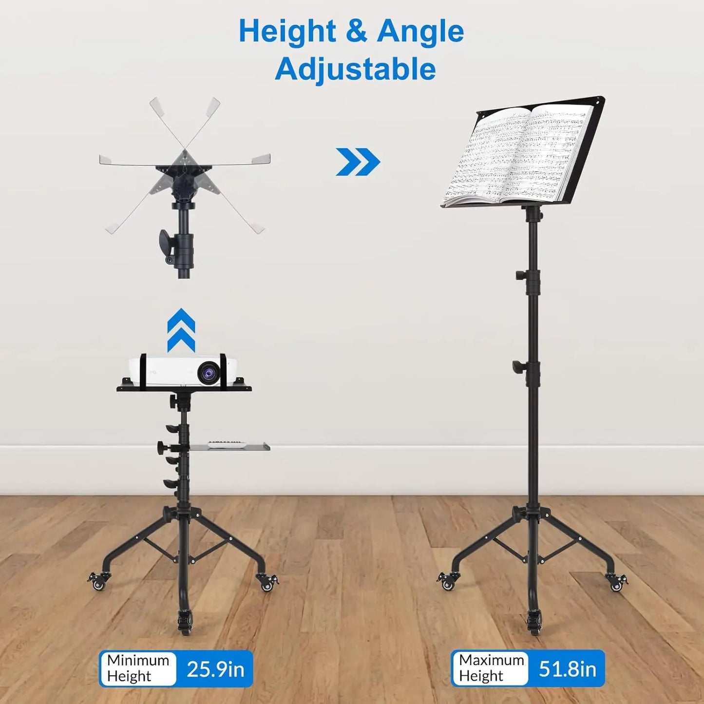Laptop Tripod Stand on Wheels with 2 Shelves – Adjustable Height 25.9" to 51.8", Portable Projector Floor Stand with Phone Holder for Home, Office, Presentations & Events