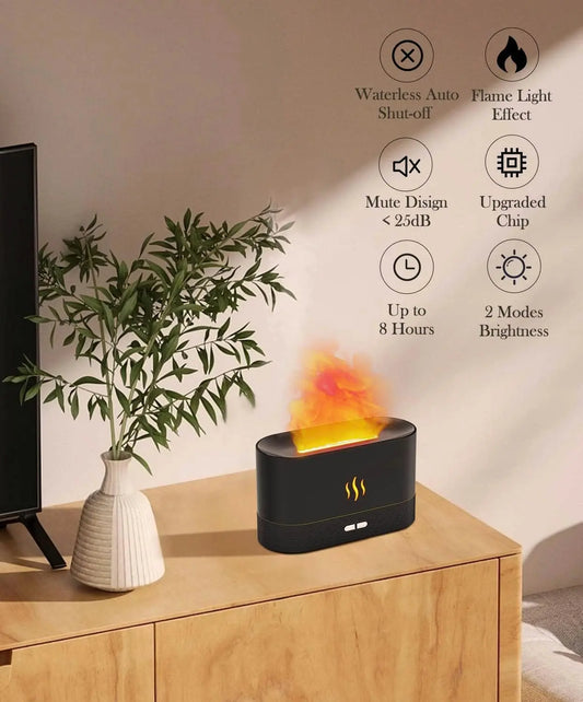 Flame Air Diffuser Humidifier – Ultrasonic Essential Oil Aromatherapy with Fire Mist Effect, 2 Brightness Modes & Auto Shut-Off for Home, Room, Office (Black)