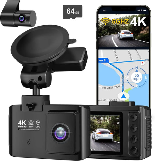 4K + 2.5K Dual Dash Cam Front and Rear – 5GHz WiFi GPS Car Camera with 64GB Card, 2.0" IPS Screen, App Control, G-Sensor, Loop Recording, Night Vision, Parking Mode, 170° Wide Angle