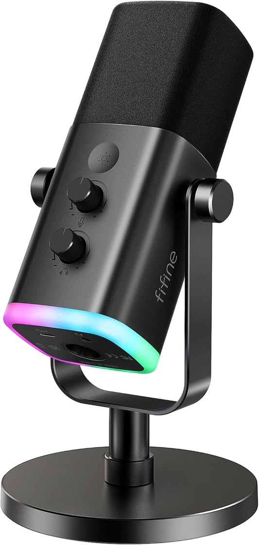 USB/XLR Dynamic Microphone for Podcasting, Gaming & Streaming – RGB Light, Mute Button, Headphone Jack, Desktop Stand – Vocal Mic for YouTube & PC – Ampligame AM8