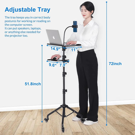 Laptop Tripod Stand on Wheels with 2 Shelves – Adjustable Height 25.9" to 51.8", Portable Projector Floor Stand with Phone Holder for Home, Office, Presentations & Events